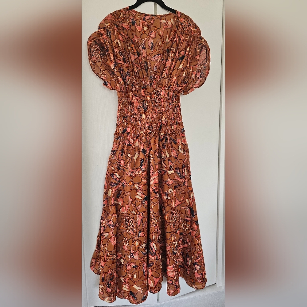 A.L.C. Lucia Corset Waist Cotton Floral Midi Dress Size 0 Bronze Navy Coral - Picture 8 of 14